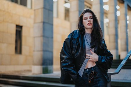 Young woman in black leather jacket posing outdoors in urban street fashion portrait