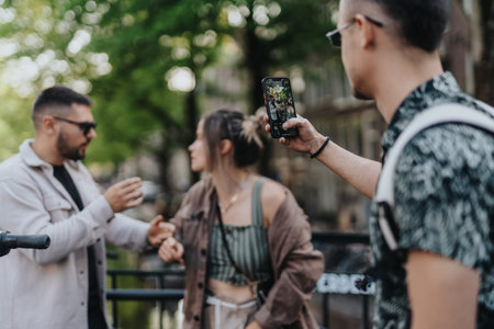 Friends taking photos on a canal bridge in Amsterdam with smartphone and casual summer outfits