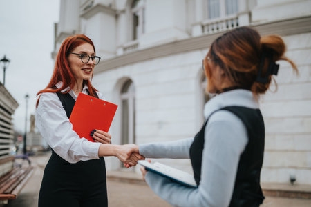 Two business colleagues shake hands outside a stylish office building with clipboards