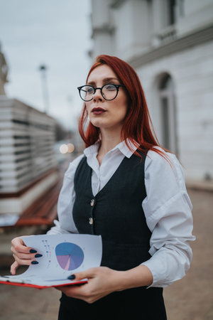 Professional woman with red hair and glasses holds a chart outdoors in business attire