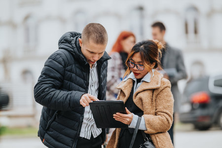 Two professionals review a tablet together in an urban outdoor setting, discussing work
