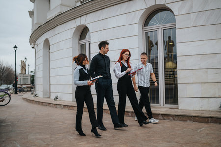 Four professionals walk together outside a marble building, reviewing documents and discussing goals