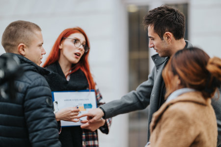Business colleagues meet outdoors and exchange ideas during a casual team discussion