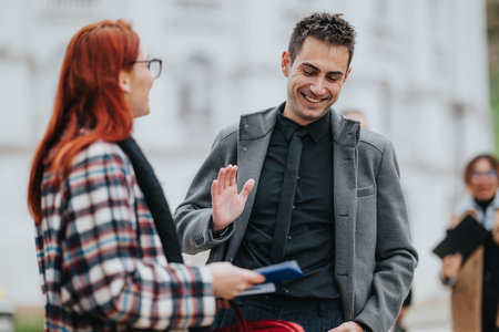 Business colleagues greet each other outdoors with a smile during a casual professional exchange