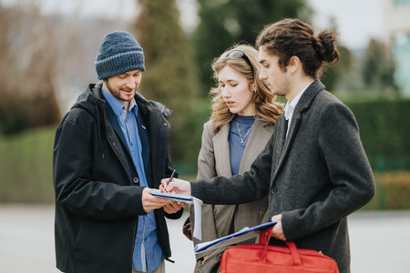 Three business associates signing a document outdoors during an informal street meeting