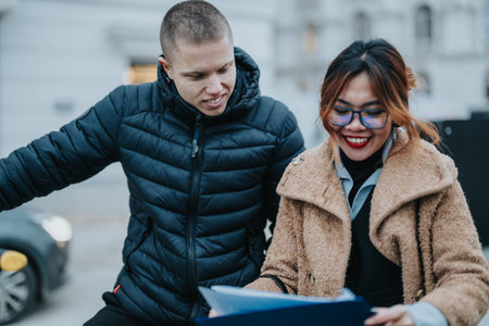 Two friends review documents outdoors in winter, smiling and talking as they look at papers