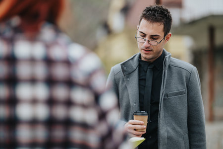 Professional man in gray coat with coffee cup looking down during outdoor business encounter today