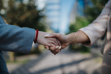 Business partners shake hands outdoors on a sunny spring day, signaling agreement and collaboration