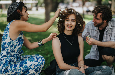 Friends share a sunny park moment as one decorates a curly haired woman with daisies and flowers