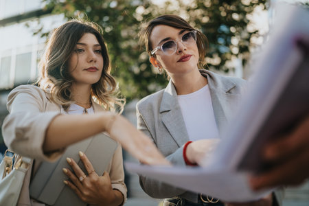 Two business women review documents outdoors on a sunny spring day for a modern, professional stock...