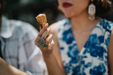Woman in blue floral dress bites pastry cone with bold ring and earrings during outdoor gathering