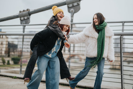 Three girls share a joyful piggyback moment on a city bridge in winter, showcasing friendship and...