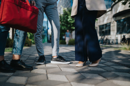 Business professionals stand on a city sidewalk in spring, showcasing stylish office wear and urban...
