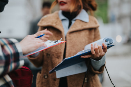 Two professionals review documents outdoors, collaborating with clipboards and rolled plans in a...