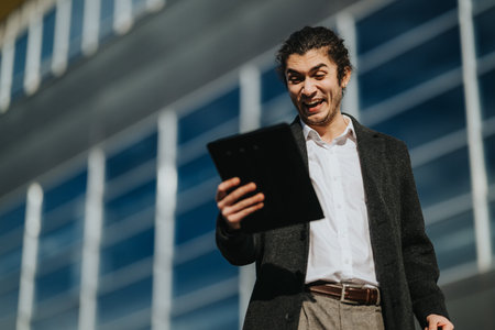 Businessman excitedly reading tablet outside modern office building in an urban professional scene