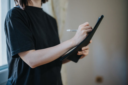 Woman writing on clipboard holding a pen and taking notes by a window in a casual shirt