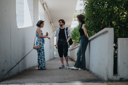 Three friends talk along a modern walkway, casual summer outfits, urban setting