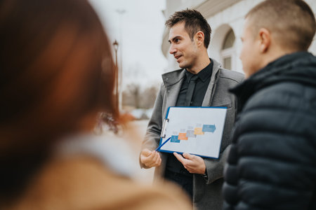 Business presentation outdoors: man in gray coat explains flow chart to colleagues with clipboardの写真素材
