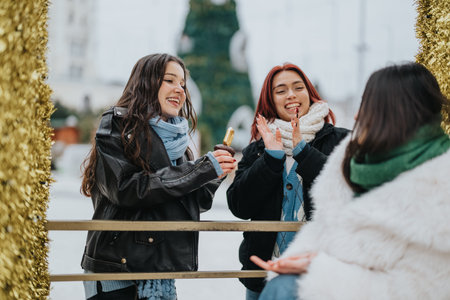 Three teenage friends smile and share ice cream outdoors during a festive winter moment