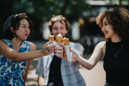 Three friends toast with ice cream cones outdoors, sharing a cheerful moment of friendship