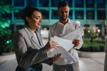 Business partners review documents outdoors at night, smiling and discussing in a modern urban...