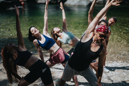 Friends doing yoga by the river this summer, a group workout on the sunny shore