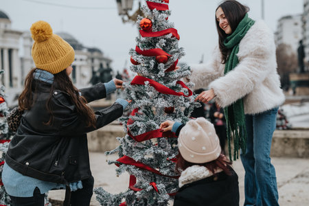 Three girls decorate a snowy outdoor Christmas tree with red ribbon, celebrating togetherの写真素材