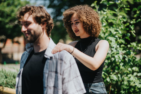 Woman with curly hair helps a friend adjust his shoulder in a sunny outdoor garden settingの写真素材