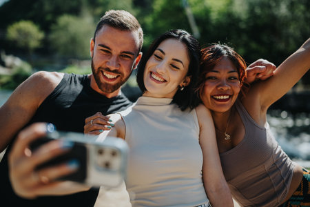 Three friends take a joyful selfie outdoors on a sunny summer day