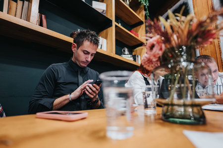 Man in black shirt uses smartphone at a cafe with colleagues and floral table decor