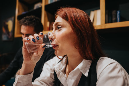 Businesswoman enjoying a glass in a cozy cafe during winter with a colleague in the background