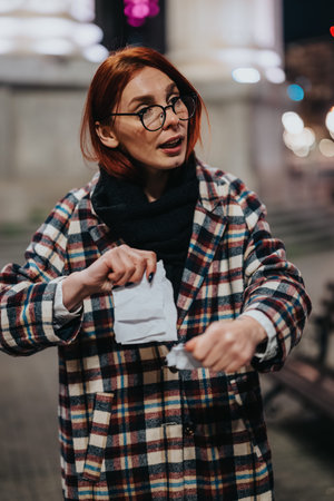 Woman with red hair and glasses in plaid coat tearing paper outdoors at night