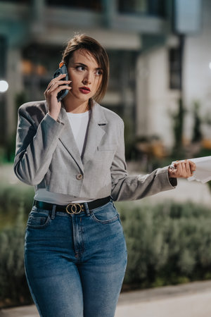 Businesswoman on a city street talking on her phone while holding documents
