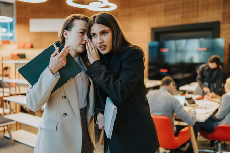 Two professional women whisper to each other in a busy office coworking space