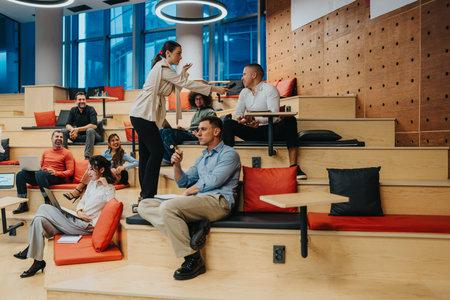 Team collaborates in a modern coworking space with relaxed seating and vibrant energy