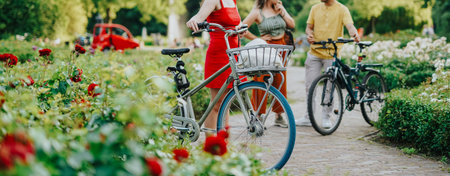 Friends with bicycles walking through a park in the Netherlands on a sunny day
