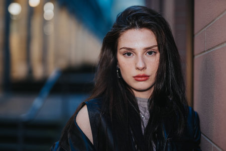 Young brunette girl portrait leaning against a city wall in a close-up urban head shot