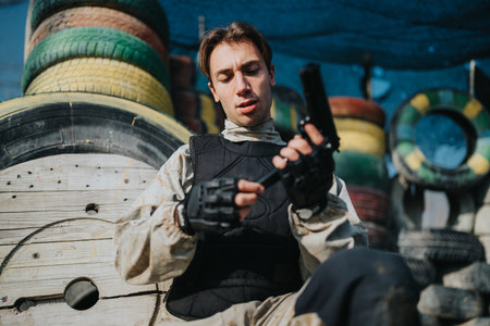 Paintball player in tactical vest handling a marker among colorful tires on an outdoor field
