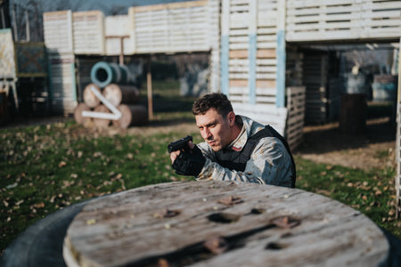 Man in tactical vest aims paintball pistol in outdoor arena with wooden barriers and logs