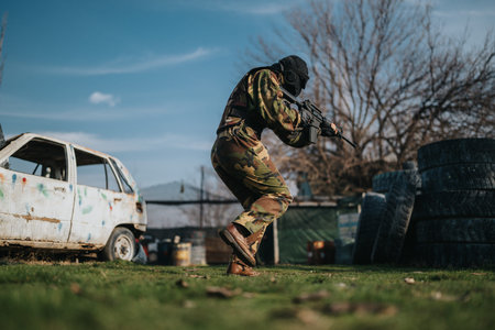 Paintball shooter in camouflage crouches with rifle beside a wrecked car and tires outdoorsの写真素材