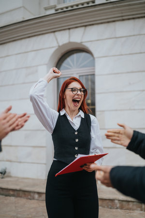 Cheering businesswoman with red hair celebrates success outside a stone building