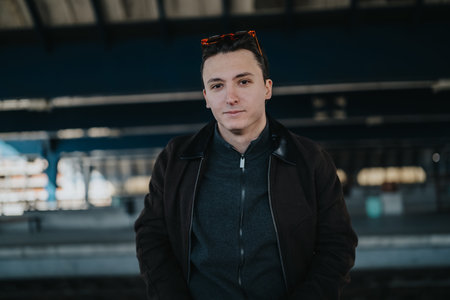 Young man tourist portrait at an urban train station platform with casual jacket and sunglasses