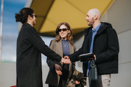 Multicultural business colleagues greeting each other with a handshake during an outdoor meeting...
