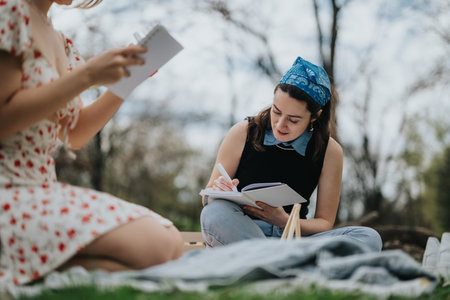 Two women study outdoors on a blanket with notebooks and pens