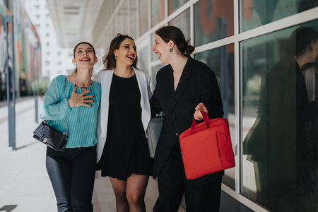 Three professional women laughing together while walking outside with bags and business attireの写真素材