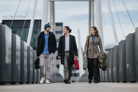 Multicultural colleagues walking together across an urban bridge during a casual business commute