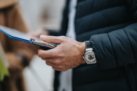 Business professional checks clipboard outdoors during cool weather wearing a stylish wristwatch and...