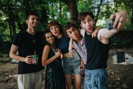 Group of friends taking a playful selfie at a park party with drinks