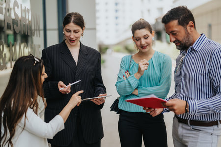 Business colleagues discussing documents and tablet outside a modern office building during a casual...