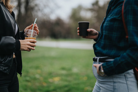 Two women chat outdoors in a park, sharing drinks and conversation